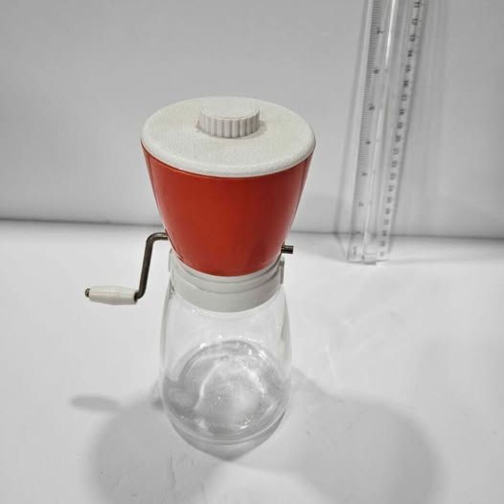 Vintage Red Hand Crank Food Mill Grinder Glass Jar